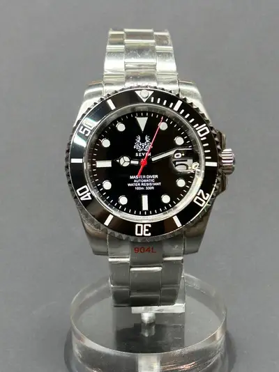Unknown Sevin Black “Master Diver” Automatic Watch - Red Seconds, Date Cyclops