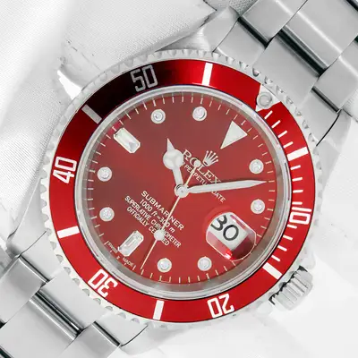 Rolex ROLEX SUBMARINER DATE STAINLESS STEEL WATCH WITH RED DIAMOND DIAL RED INSERT