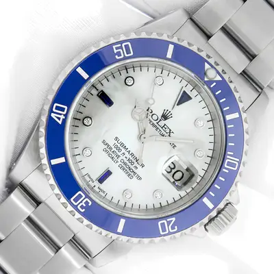 Rolex ROLEX SUBMARINER DATE STAINLESS STEEL WATCH WITH MOP DIAMOND DIAL BLUE INSERT