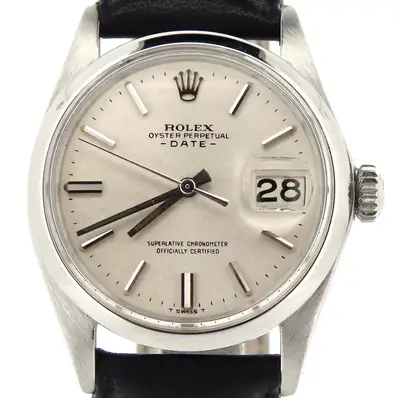 Rolex Date Stainless Steel Black Leather