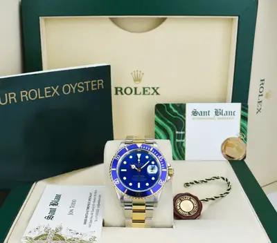 Rolex ROLEX 18kt Gold & Stainless Steel Submariner Blue Dial No Holes 16613 SANT BLANC