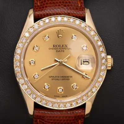 Rolex Date Brown Leather Strap 14K