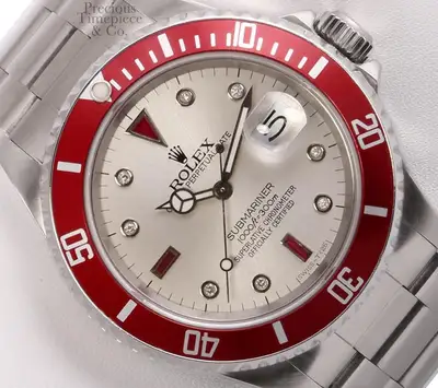 Rolex Rolex Submariner 16610 Steel 40mm-Custom Silver Diamond/Ruby Dial-Red Bezel